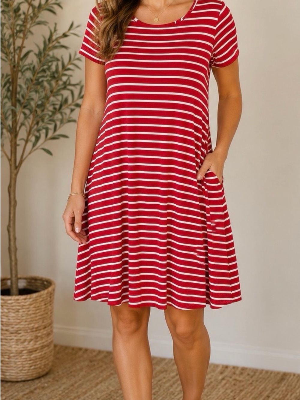 Top It Off XL Red White Striped Swing Dress Short Sleeve Stretch Rayon Casual
